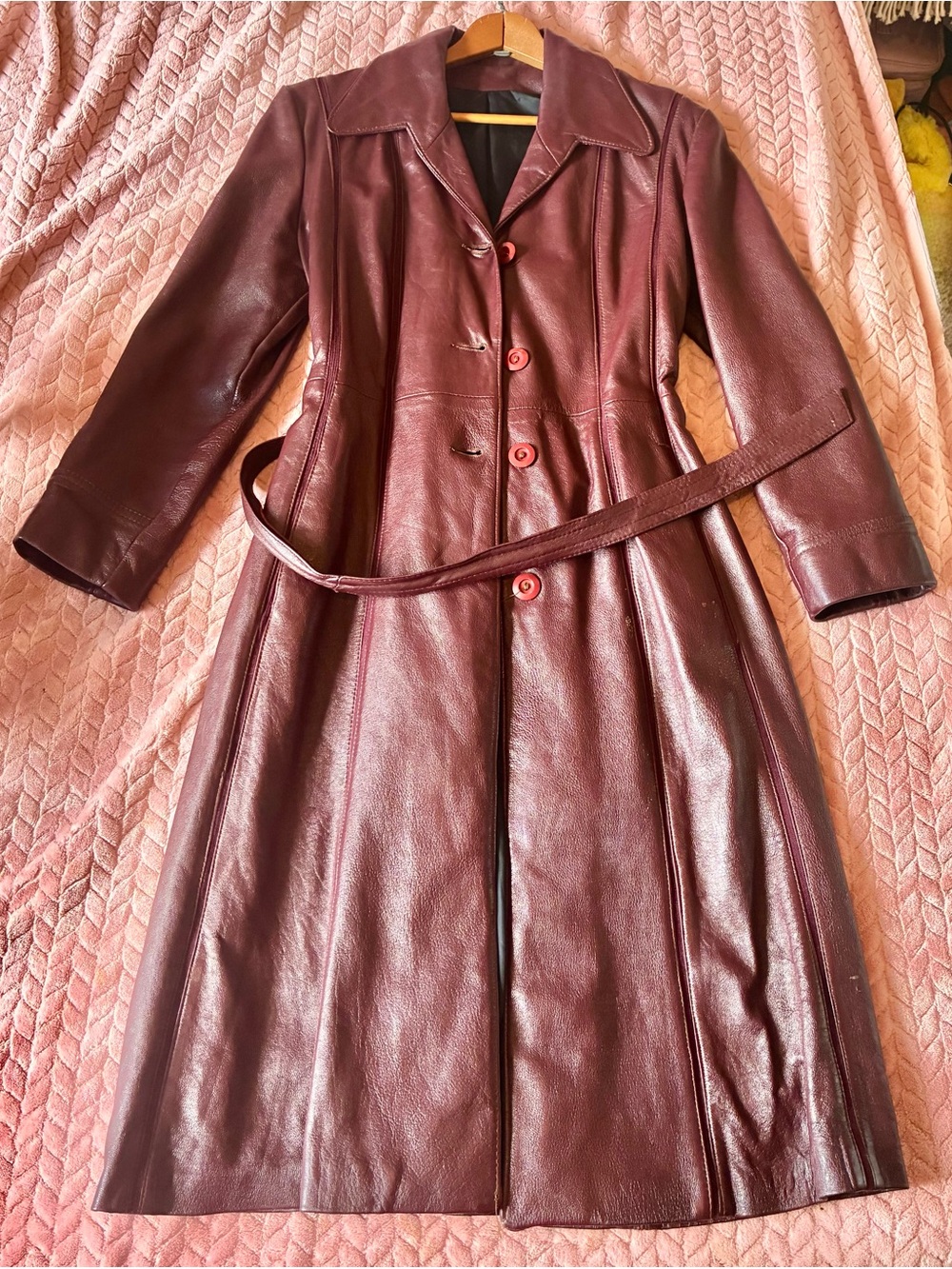Vintage 70s Oxblood Red Genuine Leather Belted Princess Trench Coat S M